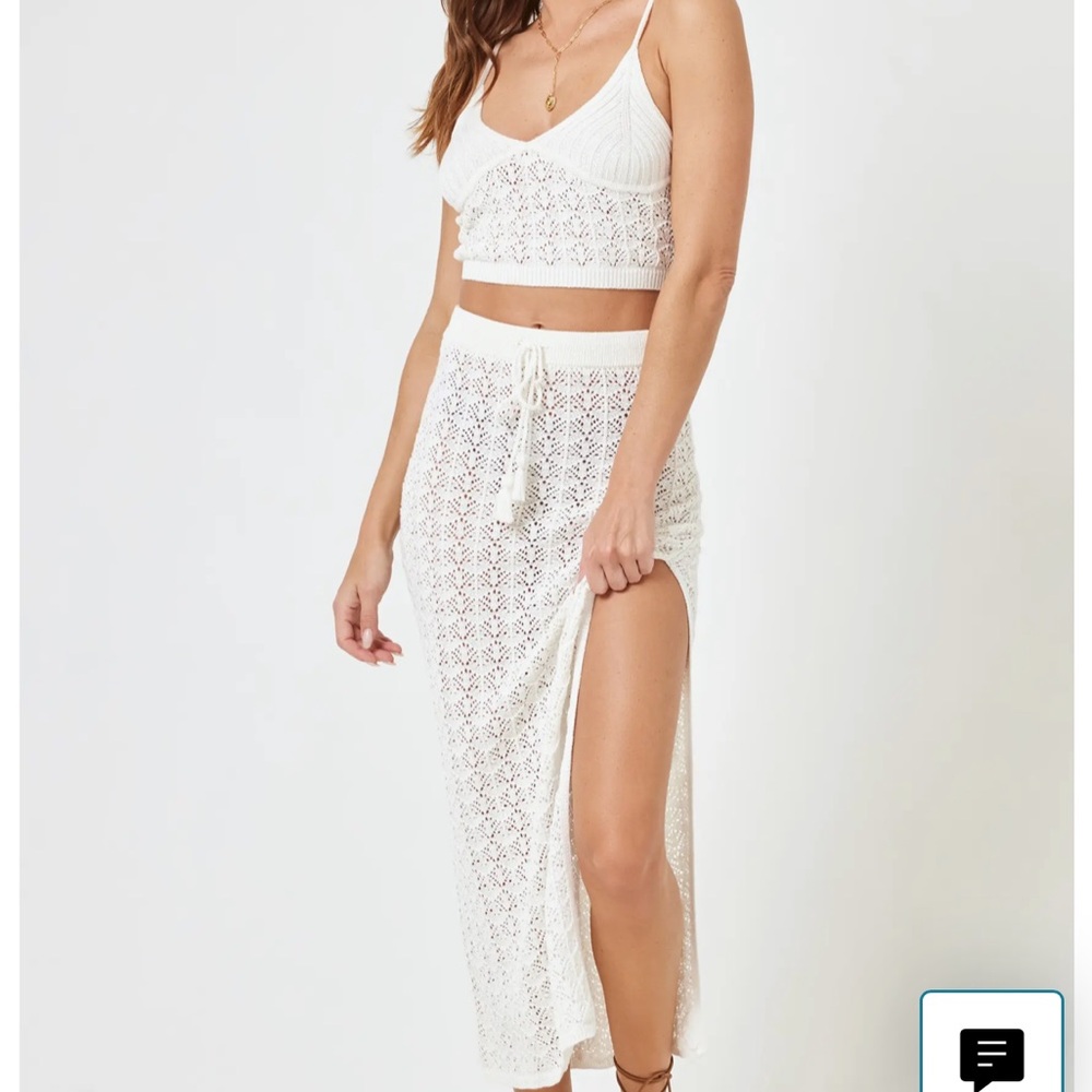L*Space Cream Knit Crochet skirt and tank set